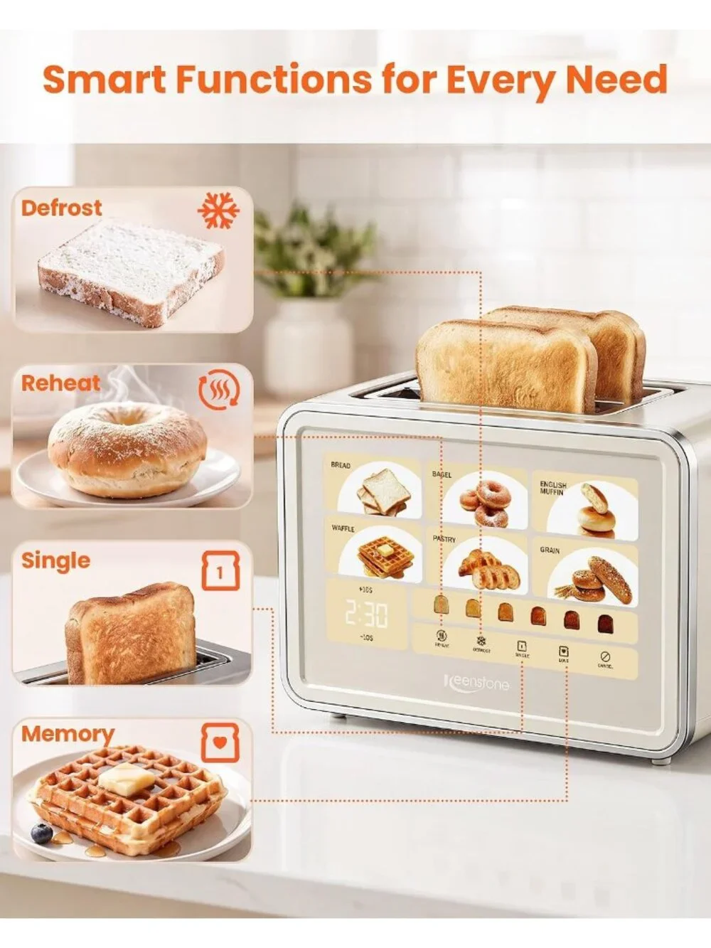 2 Slice Cream Smart Touch Screen Large Glass Touch Display Defrost Toaster